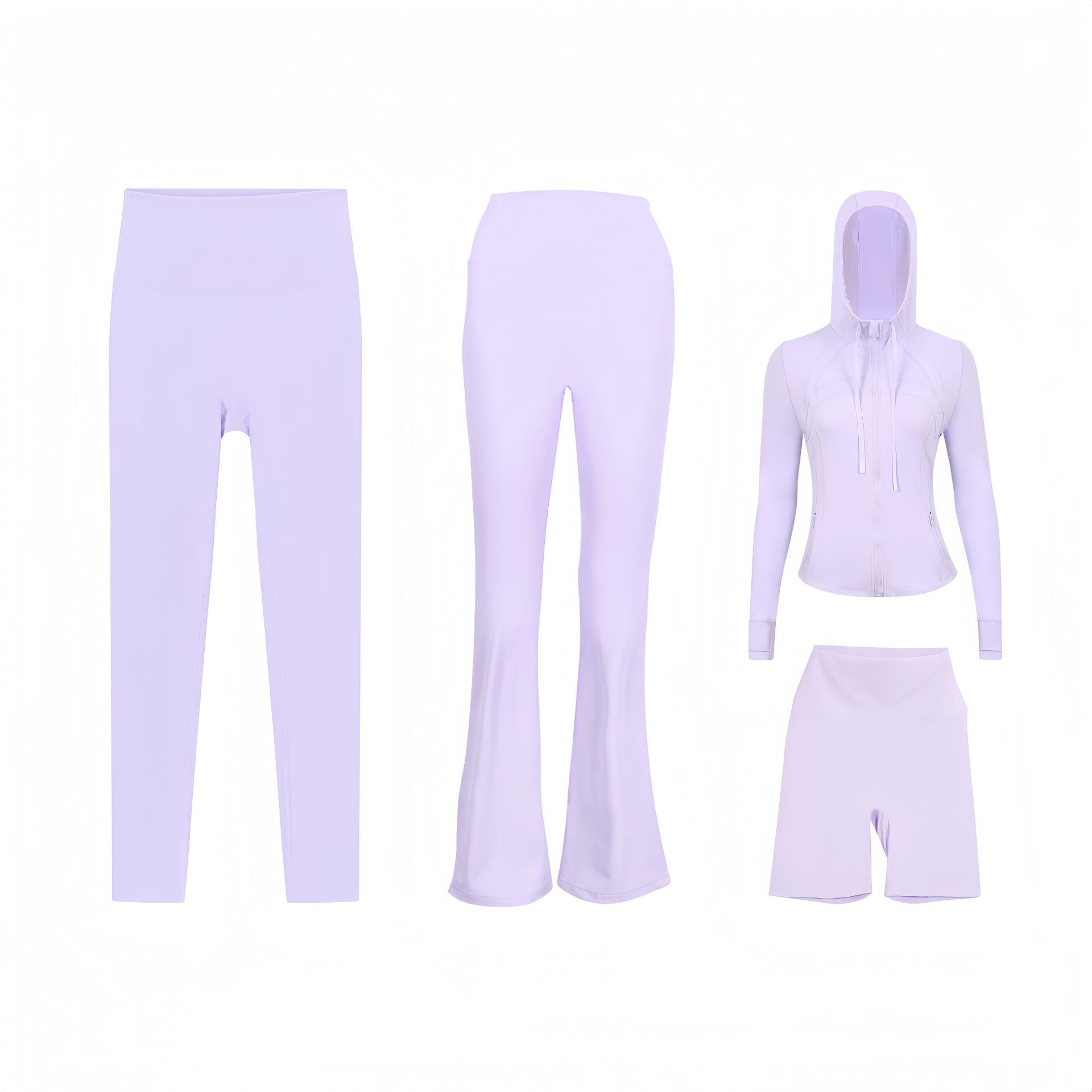 Dameskleding Vierdelige set: jasje met capuchon, flared broek, cropped broek, slim fit, elastische pasvorm, sportkleding. Op voorraad._voghion.com