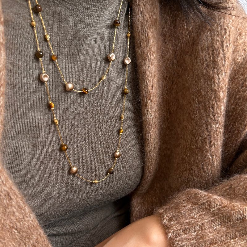 Fangtangjia Autumn/Winter Vintage Melard Tiger's Eye Stone Pearl Starry Sky Long Sweater Necklace Light Luxury Elegant Women's Necklace Fangtangjia Autumn/Winter Vintage Melard Tiger's Eye Stone Pearl Starry Sky Long Sweater Necklace Light Luxury Elegant Women's Necklace