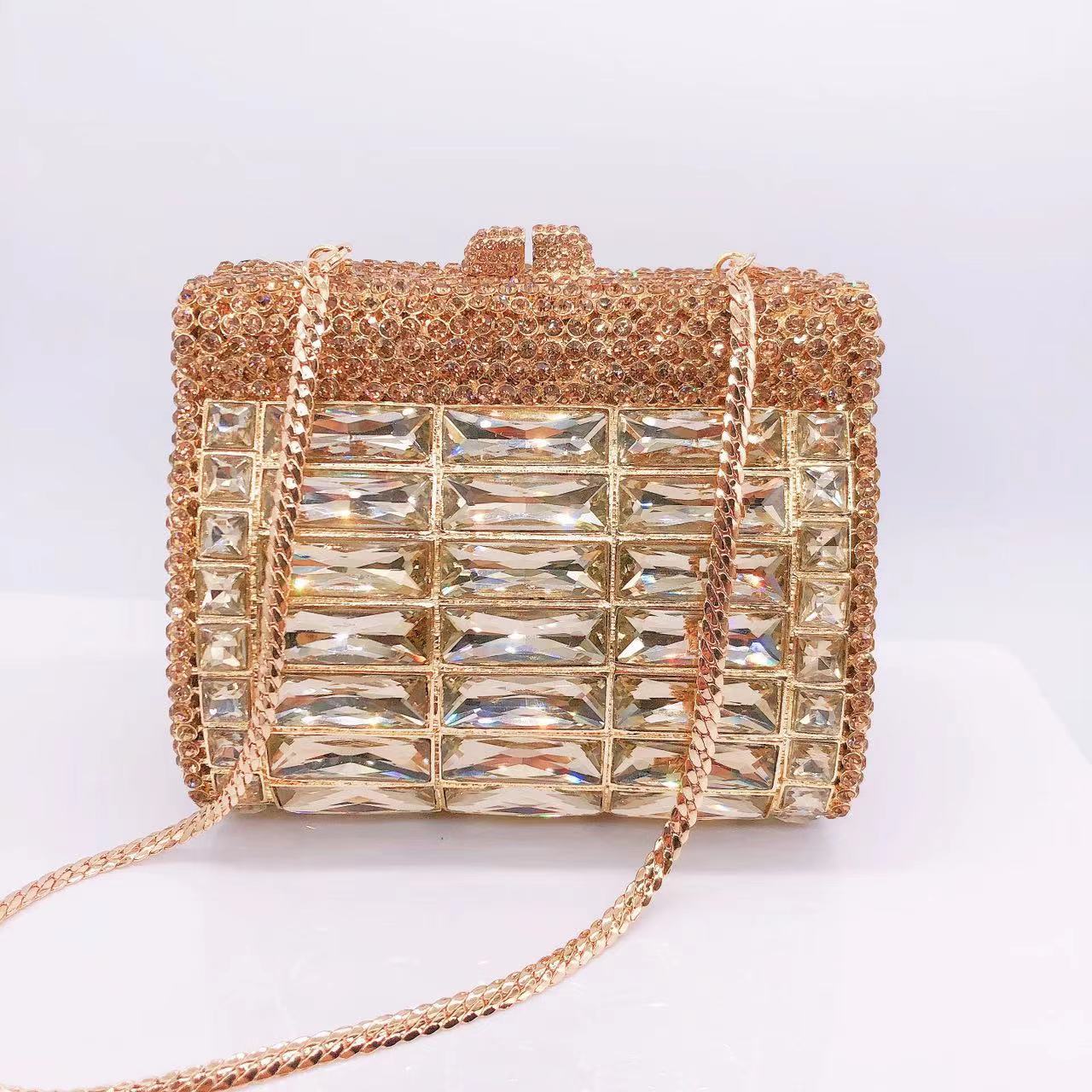 Túi clutch nữ đính đá rhinestone dạ hội cầm tay — Màu Sâm panh, Đế Vàng Kim Cương, Nền vàng kim cương trắng, Vàng kim AB chi tiết 11