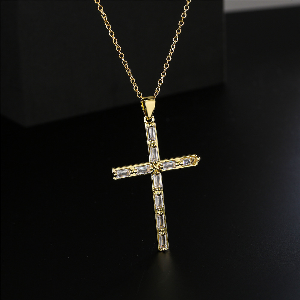 Europe And America Religious Jewelry Copper Plated 18k Gold Zircon Cross Pendant Necklace display picture 4