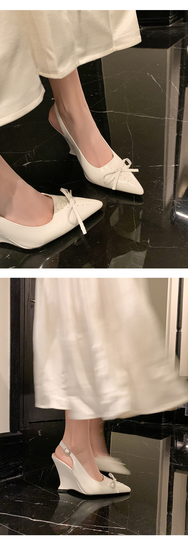 Sandal cao gót nữ mũi nhọn hở gót, gót xuồng 9 cm, nơ bướm — màu đen, màu trắng ngà chi tiết 14