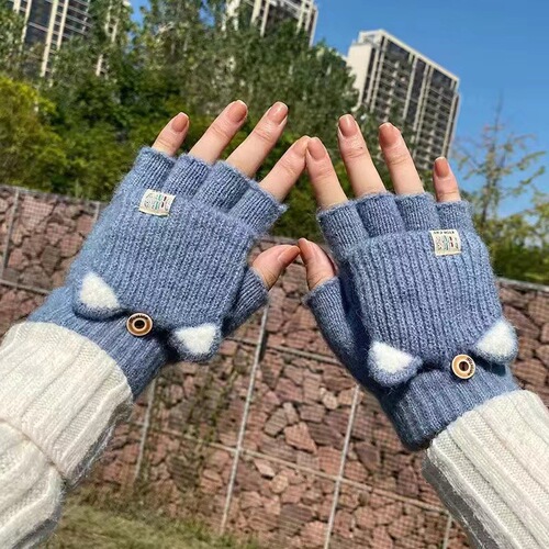 Winter gloves for women, autumn and winter cute fleece-lined warm and cold-proof half-finger flip-top gloves for students—men's writing gloves with plush lining.