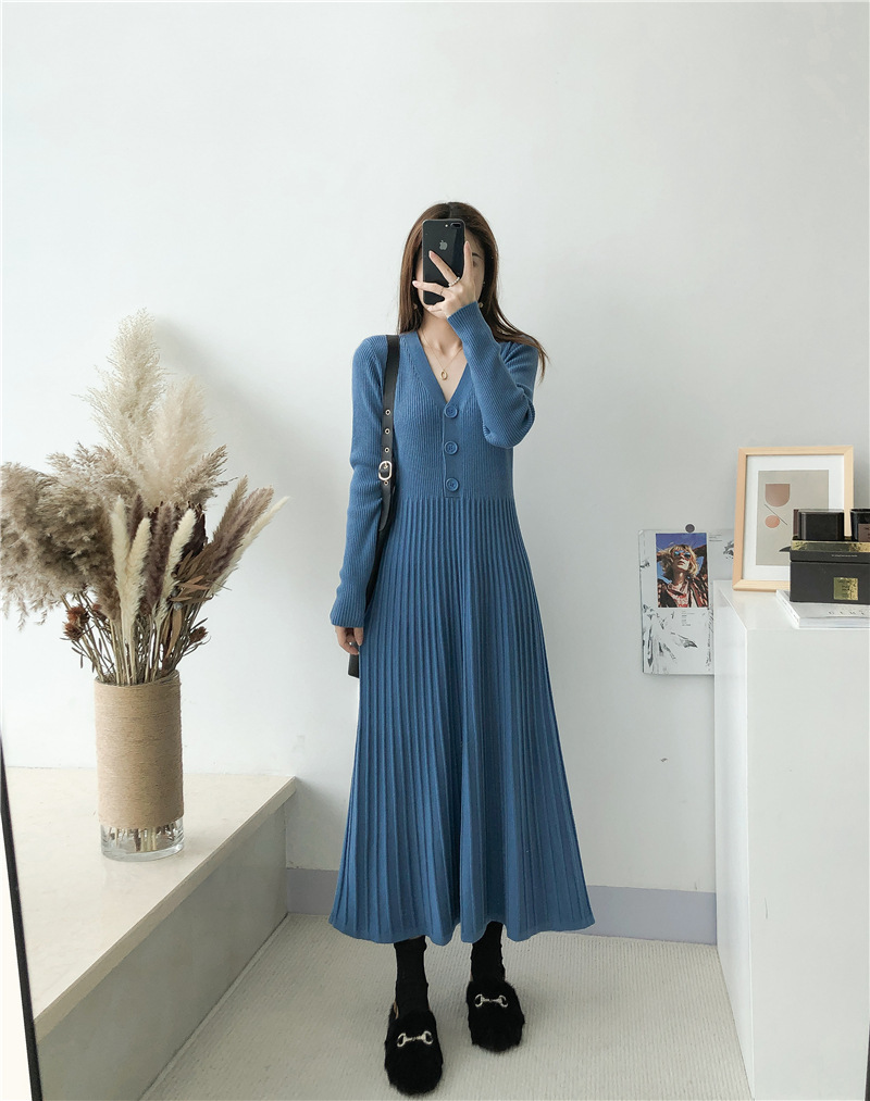 Intellectual knitted for women's autumn and winter new style loose plus size base woolen dress with pleats over the knee_voghion.com