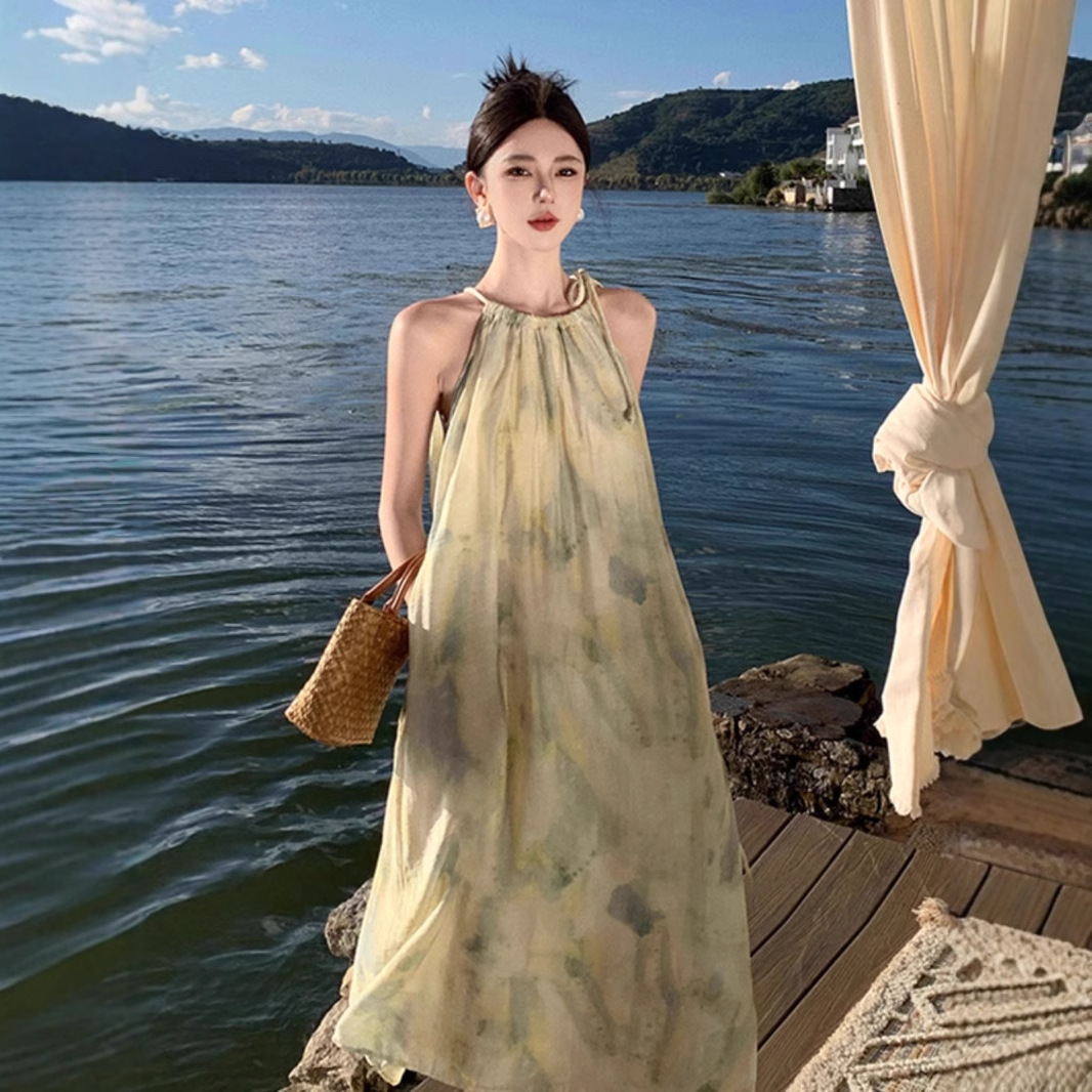 여름을위한 슬링 홀리데이 스타일 해변 치마를 인쇄하는 Sanya 해변 치마 프랑스 느슨한 우아한 원피스 잉크 염료