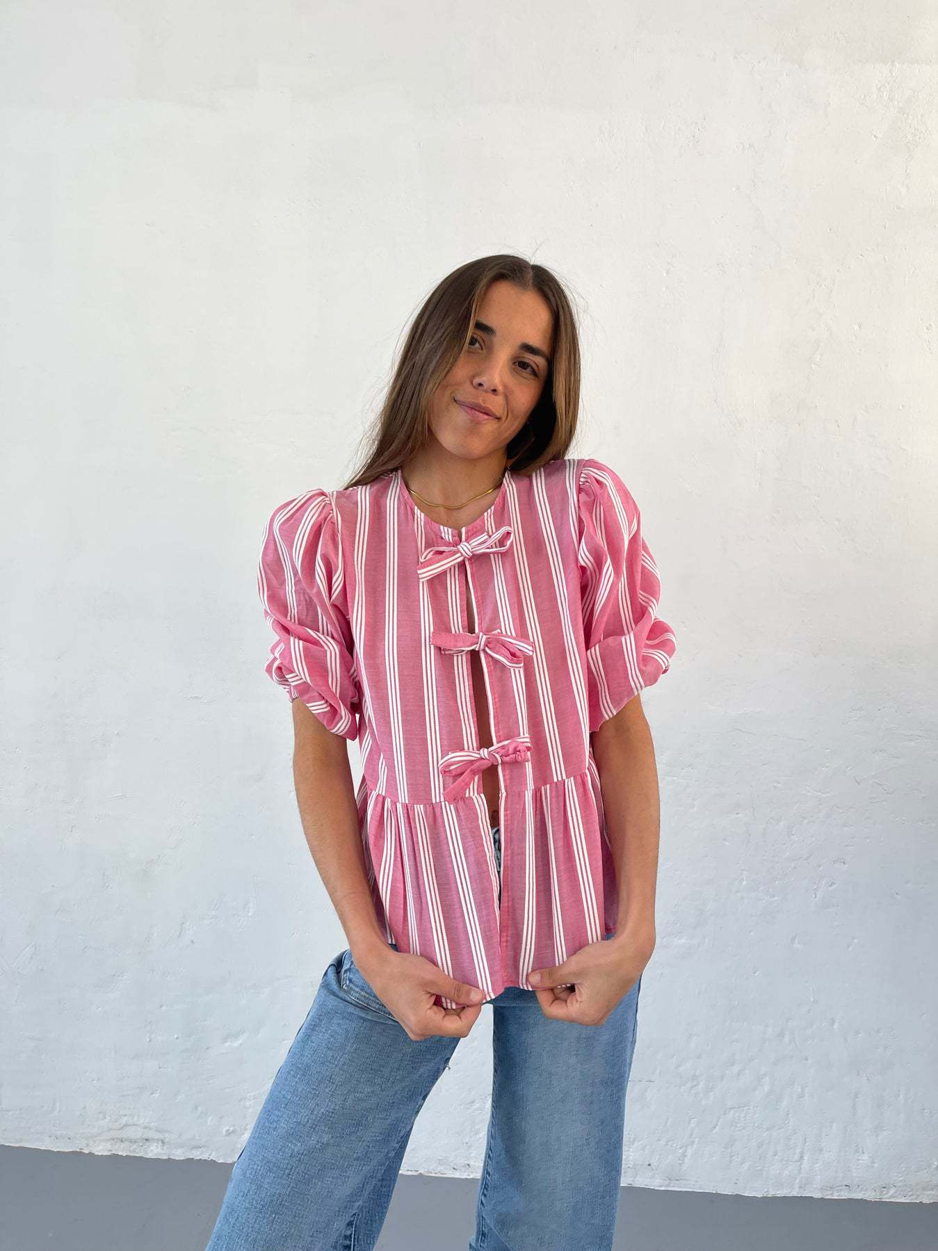210g Weight Half Sleeve Sleeve Length Tie Placket Type Regular Sleeve Sleeve Type Polyester Fabric Type Regular Top Length Blouse Tops Type Holiday Occasion Round Neck Neckline Loose Fit Type Stripe Pattern Summer, Spring Season Women's Gender Streetwear Style Wholesale Women's Streetwear Stripe Half Sleeve Blouses 14