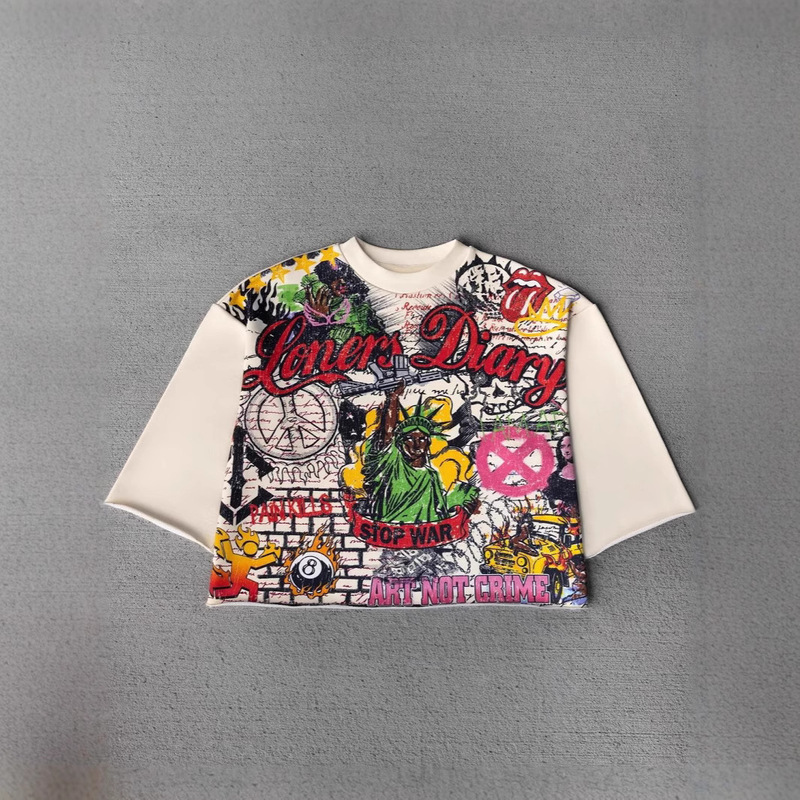 Foreign Trade European and American Cross-Border Y2K Street Style Graffiti Trendy Print Unisex Trendy Autumn Large Loose T-Shirt Wholesale Foreign Trade European and American Cross-Border Y2K Street Style Graffiti Trendy Print Unisex Trendy Autumn Large Loose T-Shirt Wholesale