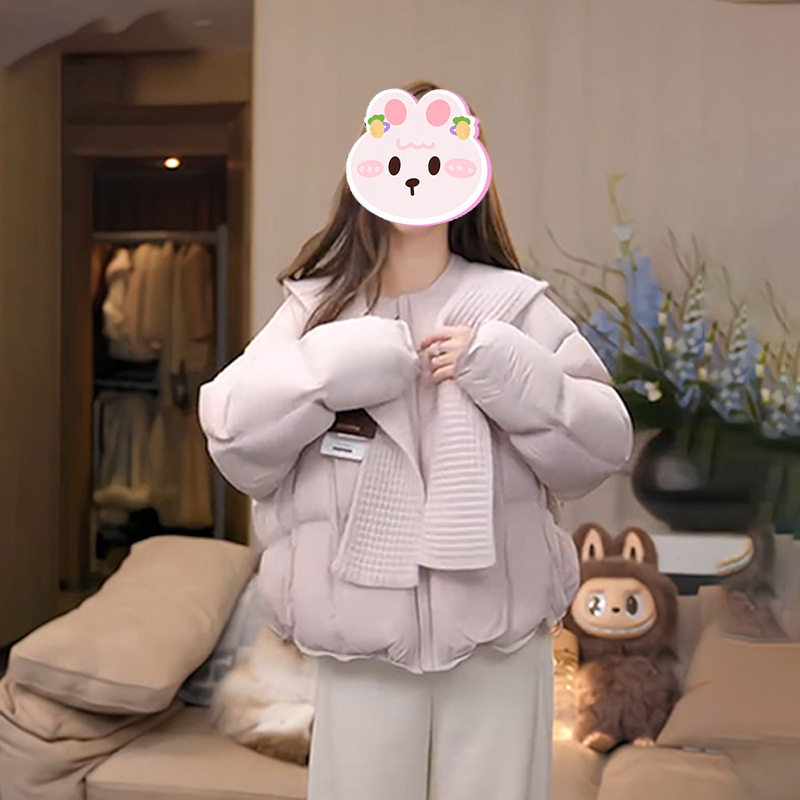 2025冬季新款减龄百搭棉服女韩系纯色圆领针织披肩休闲保暖棉衣潮
