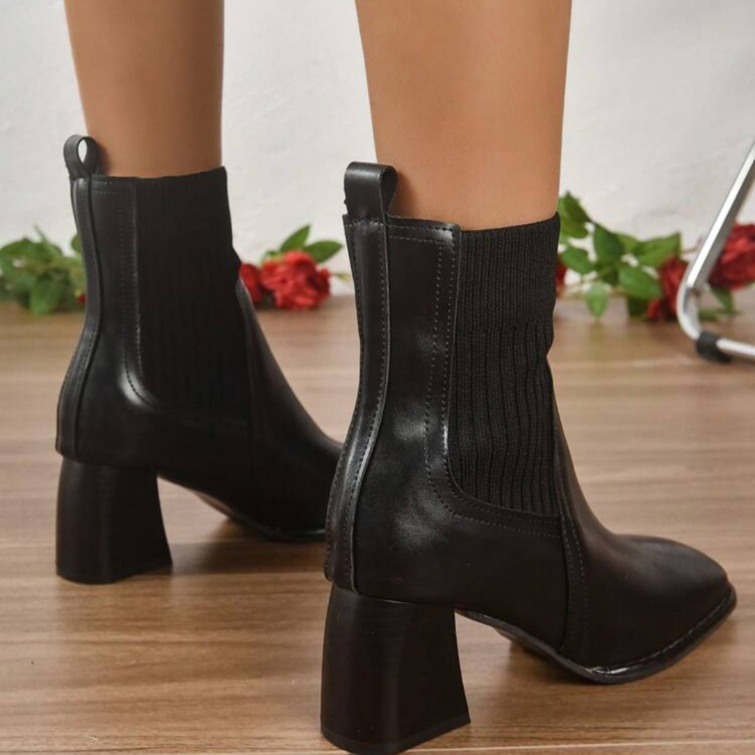 Botas cortas de invierno de 2025 nuevas botas elásticas de tacones altos cuadrados de tejido de costura volante tamaño 41 - 42