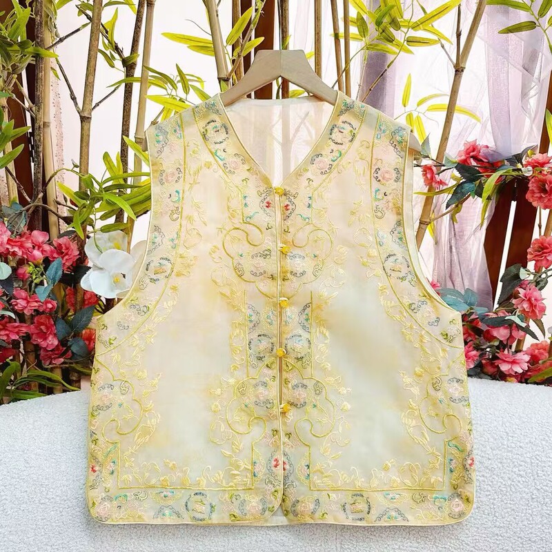 New Chinese-Style National Style Round-Neck Loose Vest, Lightweight Organza, New Embroidered Waistcoat, Fashionable Low-Neck for Women New Chinese-Style National Style Round-Neck Loose Vest, Lightweight Organza, New Embroidered Waistcoat, Fashionable Low-Neck for Women