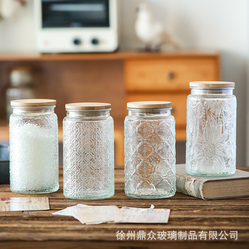 Estilo japonés retro vidrio sellado frasco Begonia patrón cocina hogar fruta seca snack multi-grano tarro de almacenamiento al por mayor