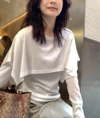 Her  新款假两件披肩长袖白色宽松舒适显瘦T恤女2025秋季休闲上衣