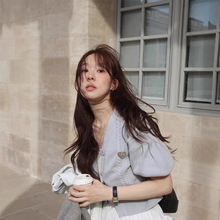 现货 泡泡袖三粒单排扣针织衫2025夏季女薄款V字领开衫上衣flet*a