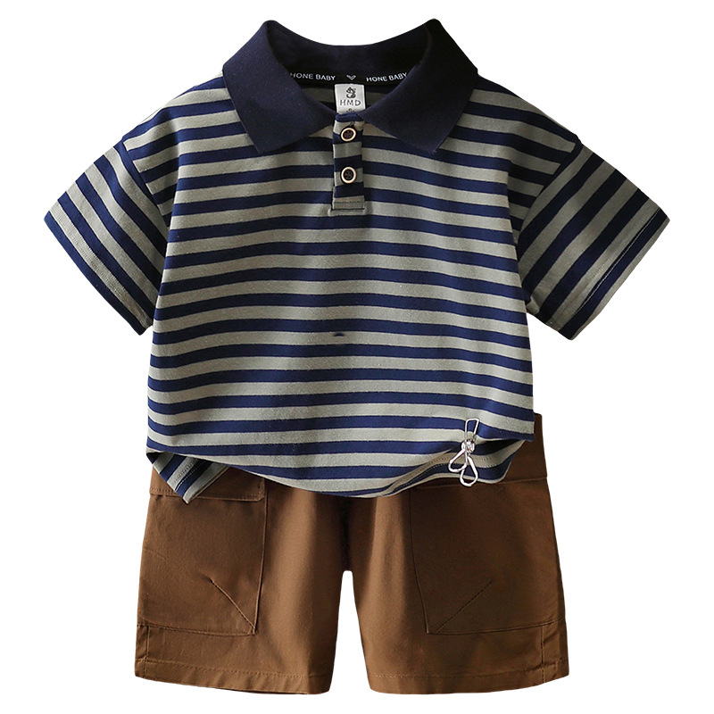 7136 traje de camisa POLO a rayas para niños verano 2025 nueva ropa de verano para niños camiseta pantalones cortos de dos piezas