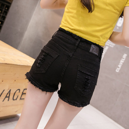 High-elastic summer mid-waist tight stretch denim shorts women's white hot pants with rough edges and holes in black
