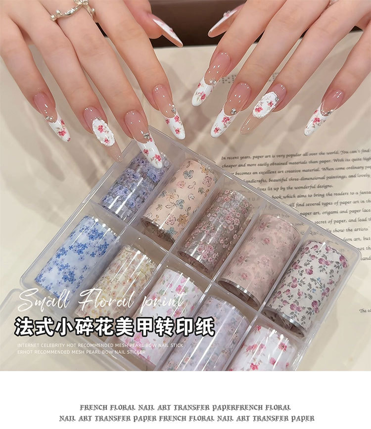French-style small floral nail art transfer paper, featuring a fresh and gentle cream-colored design, versatile nail stickers for decorating fingertips and nails, wholesale