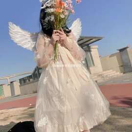 洛丽塔仙女裙子夏季日系软妹网纱蝴蝶结木耳花边羽毛连衣裙公主裙