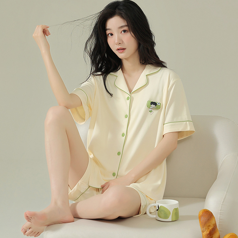 Women's pajamas summer thin cool pure cotton short-sleeved shorts cardigan home wear summer sweet cute two-piece suit