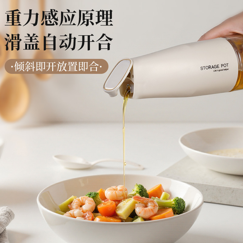 Botella de aceite de vidrio de cocina doméstica a prueba de fugas de gran capacidad de salsa de soja vinagre botella de condimento de aceite y sal tanque de condimento de apertura y cierre automático