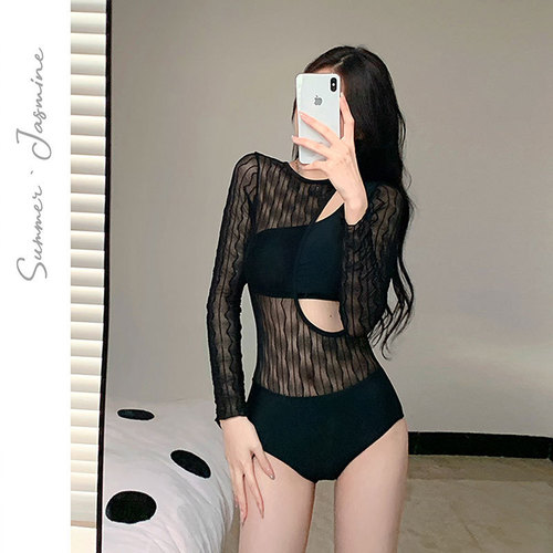 Women's  New Ins Style Long Sleeve One-Piece Swimsuit for Hot Spring and Swimming, Black Sexy and Slimming