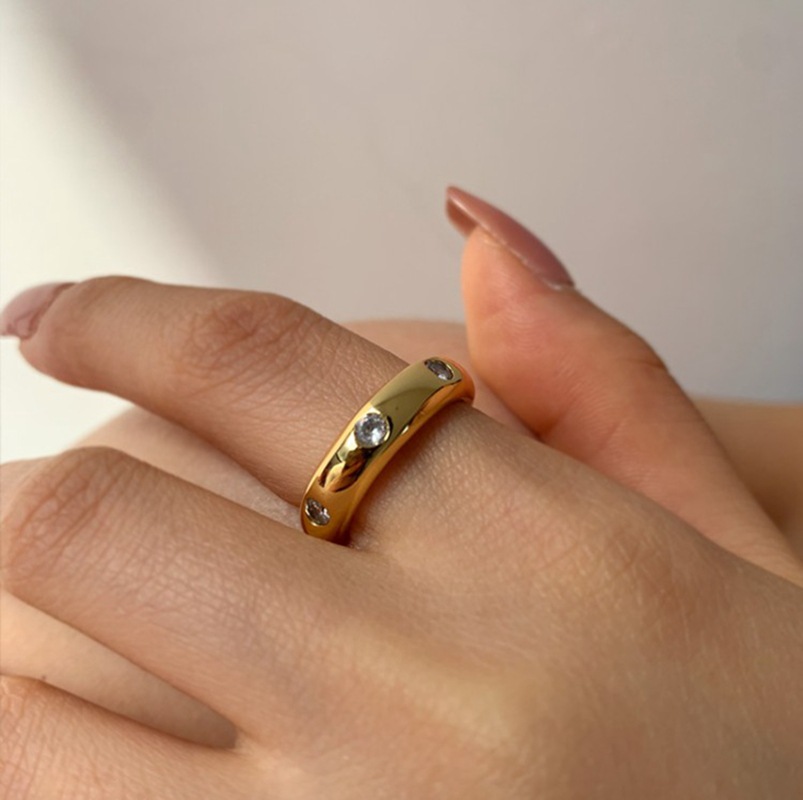 6g Weight Artificial Gemstones Inlay Material Brass Plated Fashionable Retro Micro-encrusted Zircon Glossy Rough Gold Copper Ring Stacking