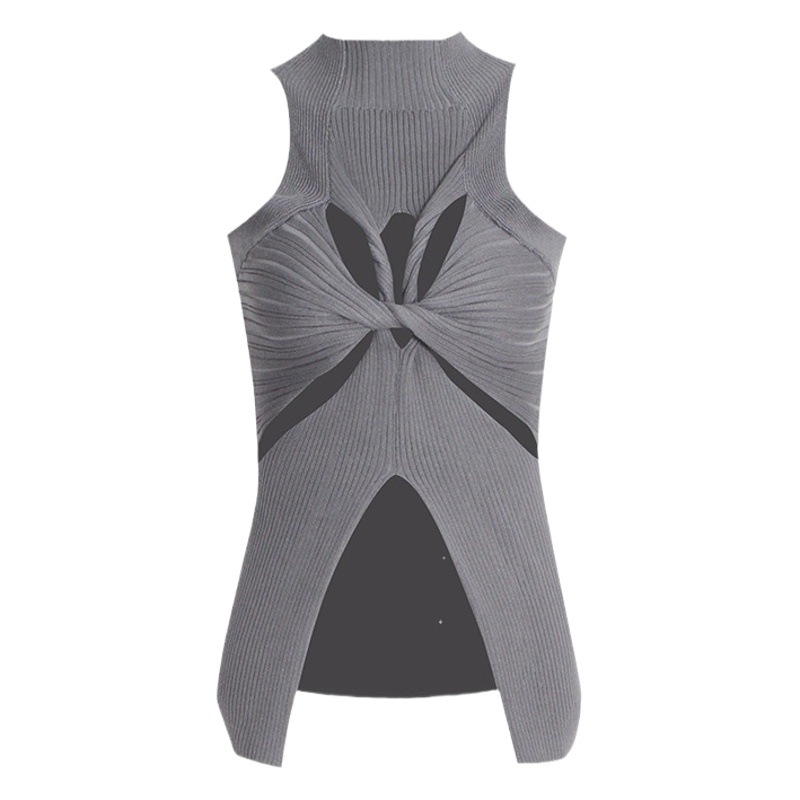 Europa y América casual estilo sexy 2024 nuevo cuello alto sin mangas personalidad irregular diseño hueco de las mujeres Chaleco punto