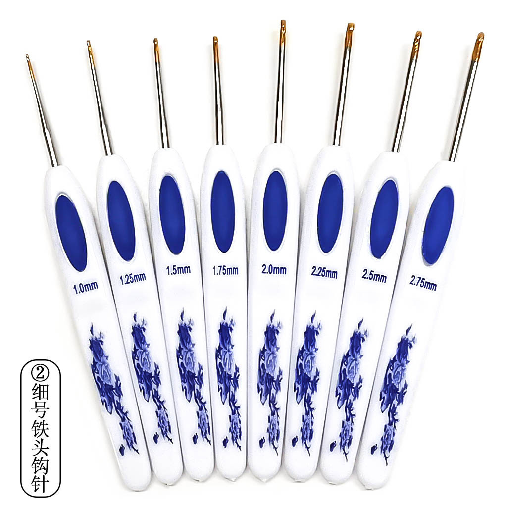 Herramientas de tejer nuevo suéter aguja mango de plástico azul y blanco mango de porcelana de aluminio crochet conjunto de 8 unidades
