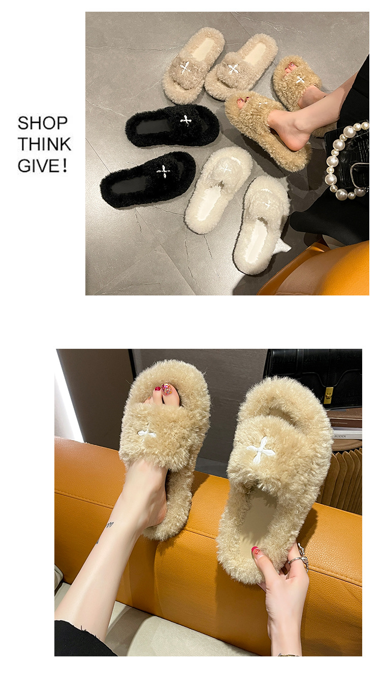 Plush Slippers For Women Comfortable Wool Flat Slip-ons Black_voghion.com