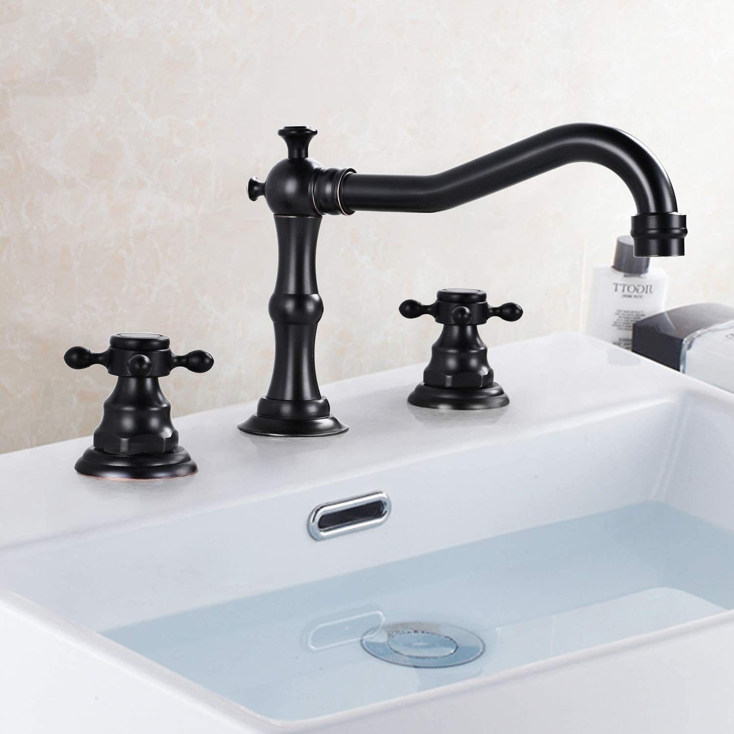 Copper antique bathroom sink bathtub three-piece set, faucet, plum blossom handwheel, three-hole washbasin, ceramic basin, black faucet undefined