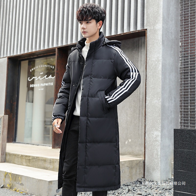 Men's Long down Jacket with Three Stripes for Winter, White Duck Down, Thickened, Over-The-Knee Snow Coat