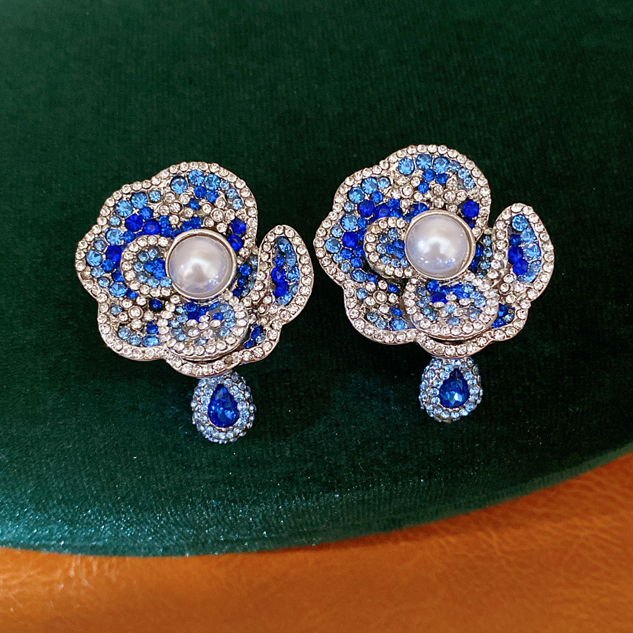 Medieval vintage aguja de plata con diamantes flores perlas pendientes exquisitos pendientes de estilo retro lujo ligero alta sensación de pendientes image 8