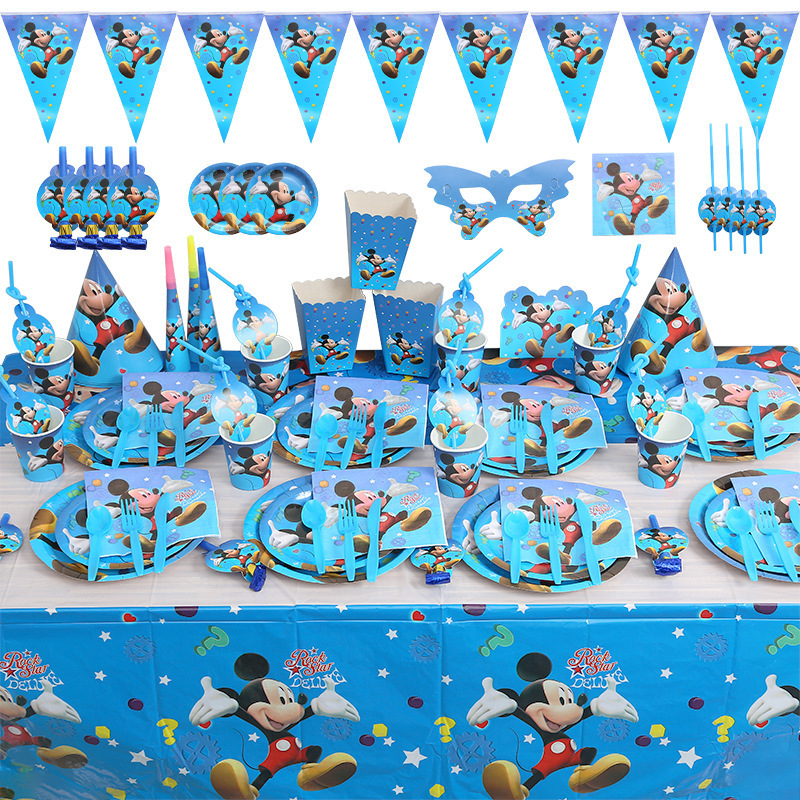 Cross-border in stock Mickey Theme Birthday Party suit Disposable Tableware Tablecloth Paper Plate Pull Flag Tissue Cup