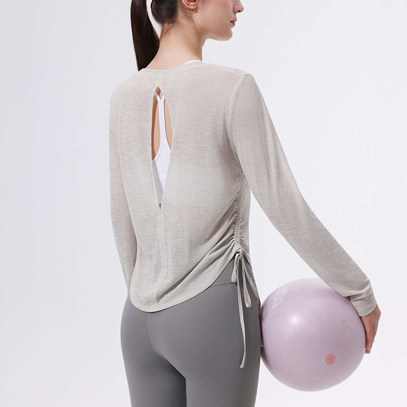 Slightly See-Through Beautiful Back Cut Out Sun Protection Blouse for Women, Lace-Up Fitness Long-Sleeved T-Shirt, Pilates Yoga Top, Autumn