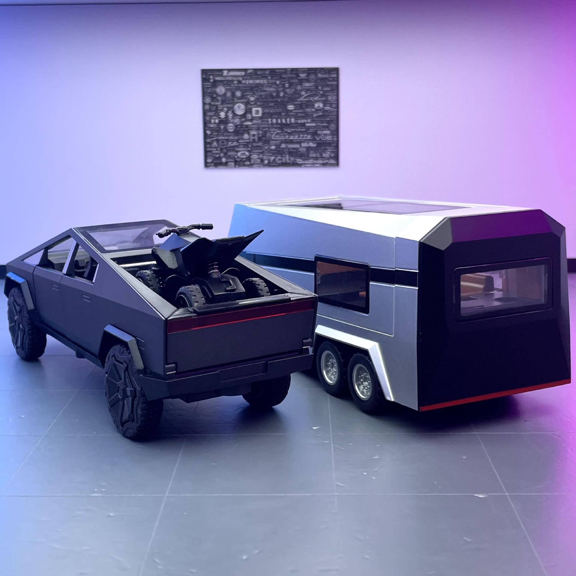 Modelo de coche de aleación de coche 1:32 Tesla pickup remolque RV tire hacia atrás con sonido y luz modelo de coche de juguete adornos