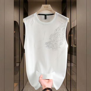 Summer Men's Printed Dragon Totem Ice-Feel Round Neck Sleeveless Short-Sleeved Breathable Casual and Comfortable Vest