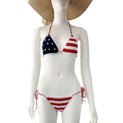 pure cotton sexy Crochet Sandy beach Bikini natural shell manual Sewing Swimwear classic national flag new pattern Bikini