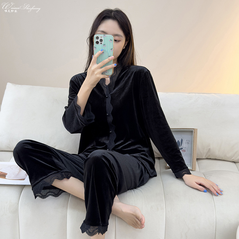 Beautiful Gauze Velvet Pajamas Autumn and Winter Women's Lace Cardigan Long-Sleeved Suit Sexy and Elegant Can Be Worn Outside Home Clothes Beautiful Gauze Velvet Pajamas Autumn and Winter Women's Lace Cardigan Long-Sleeved Suit Sexy and Elegant Can Be Worn Outside Home Clothes
