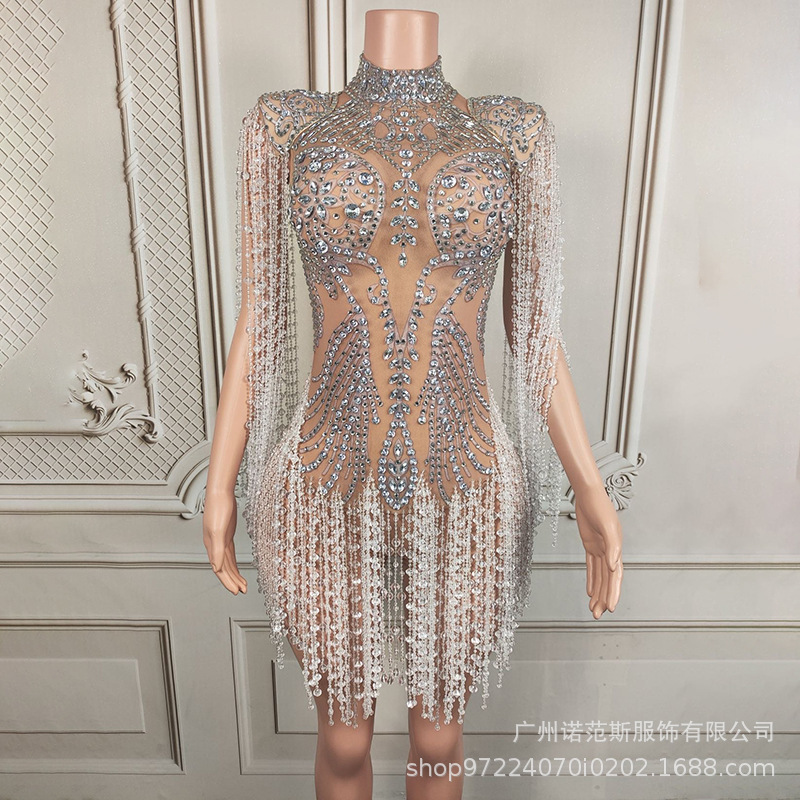 European and American Luxury Rhinestone Silver Nude Color Elegant Short Dress Party Performance Outfit Women's Cocktail Party Evening Dress