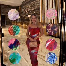 24春欧美跨境俄罗斯亚马逊爆款印花压褶修身显瘦吊带连衣裙HY009A