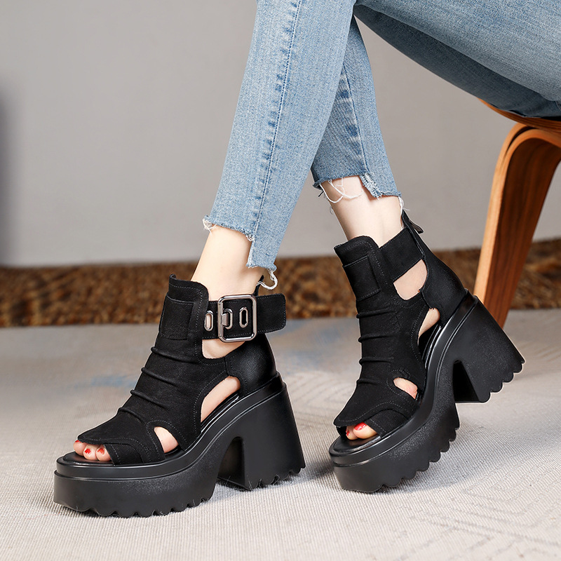 Sandal nữ gót thô miệng cá đế chống nước, tăng chiều cao 10 cm — Màu đen