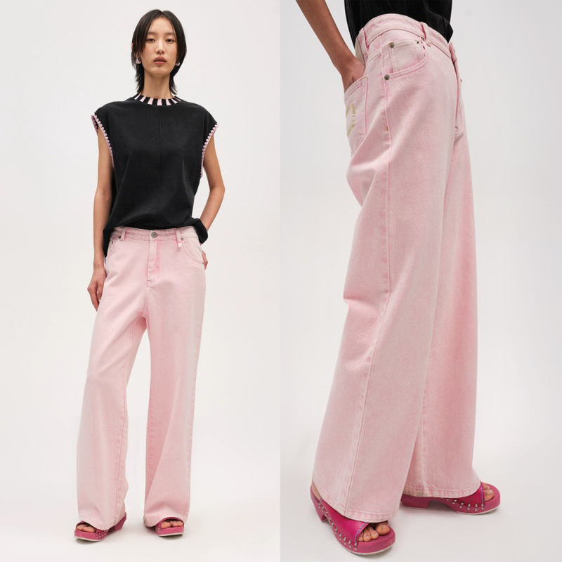 2024 Spring/Summer New Designer Non-Elastic Cherry Blossom Pink Color Denim Low-Waist Straight-Leg Baggy Long Pants for Women