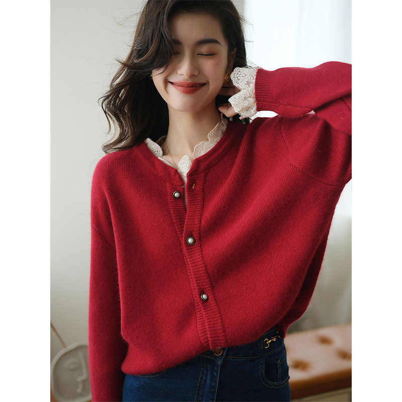 New Year red lace edge sweater women's autumn and winter coat French Christmas birth year winter knitted cardigan