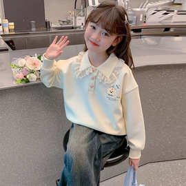 女童秋装韩版翻领POLO衫2025新款中大童洋气花边拼接长袖春装上衣