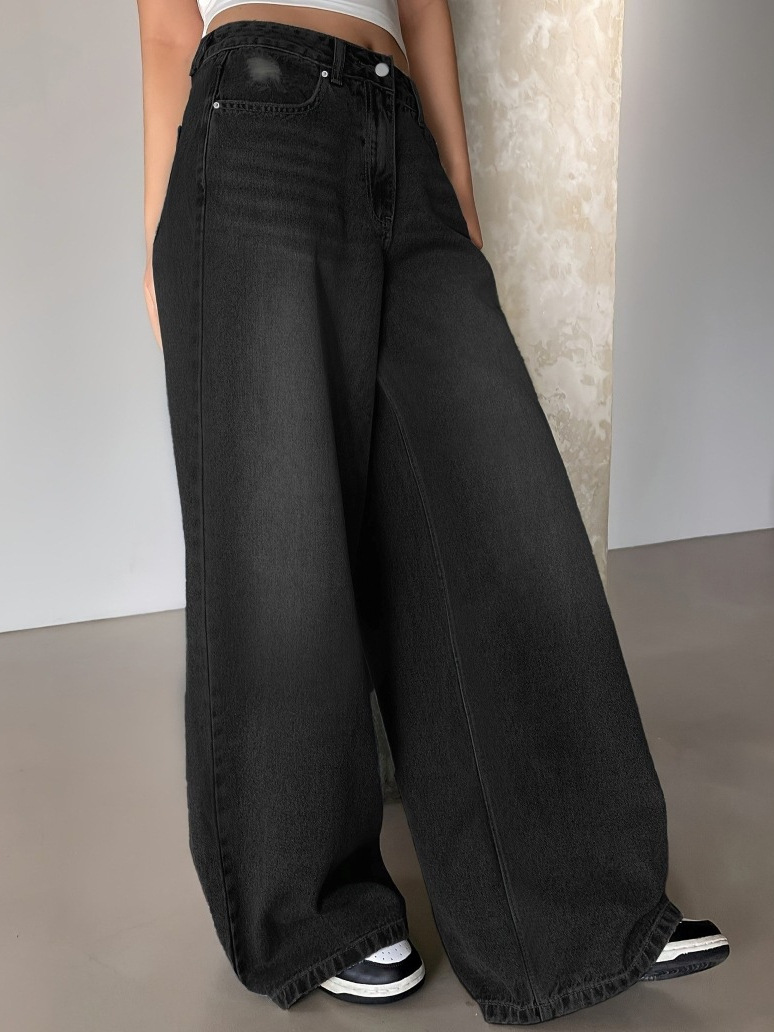 American-style Water-washed Blue Wide-leg Super-long Trailing Jeans Women's Ripped Loose Wide-leg Casual Pants