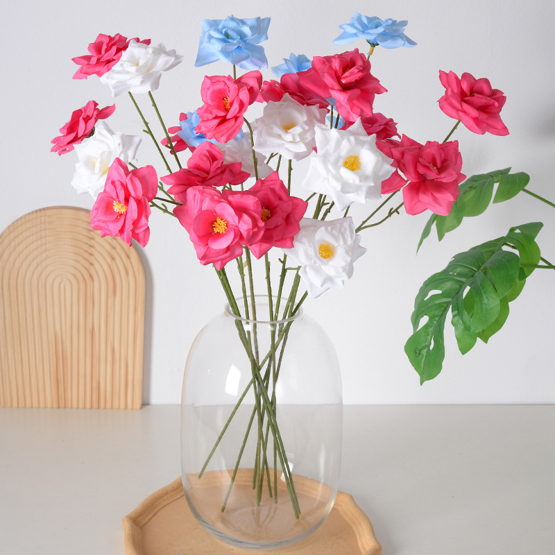 Nuevo producto 3 rosas flores artificiales camelia decoración de la sala de estar de la boda salón de bodas flores falsas flores artificiales