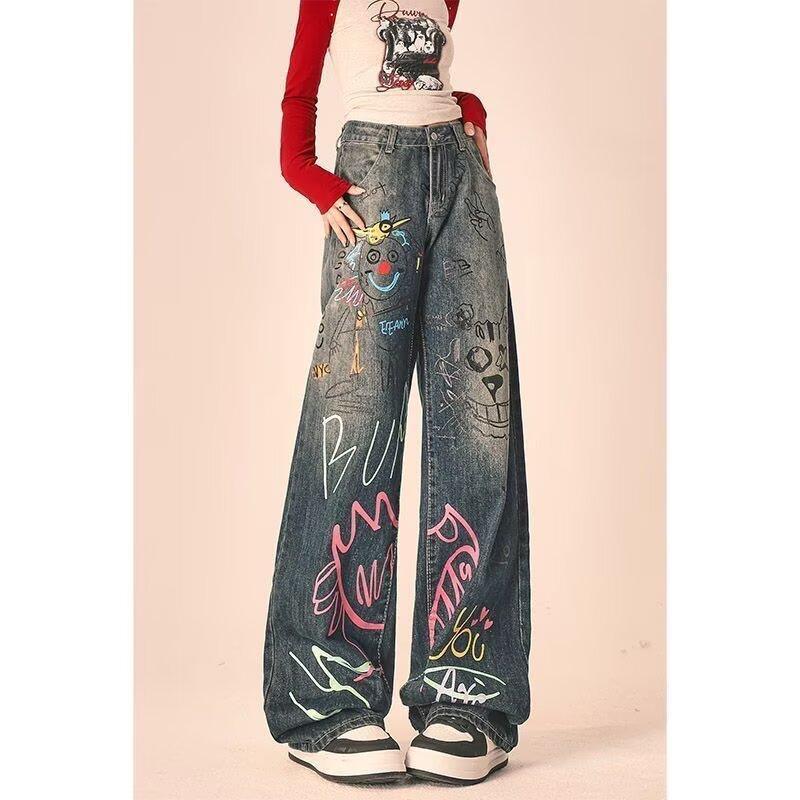 American Style Graffiti Print Straight Jeans Women's Spring New High Street Design Sense Loose Wide Leg Trendy Trendy Pants