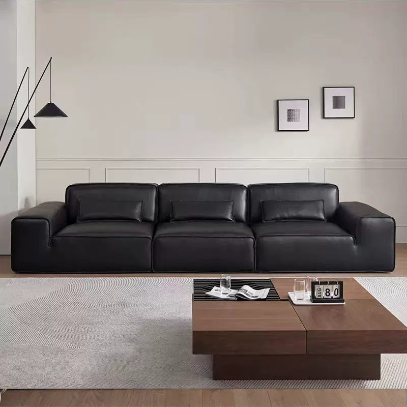 意式极简夏图全真皮沙发大黑牛直排别墅豆腐块大平层客厅沙发