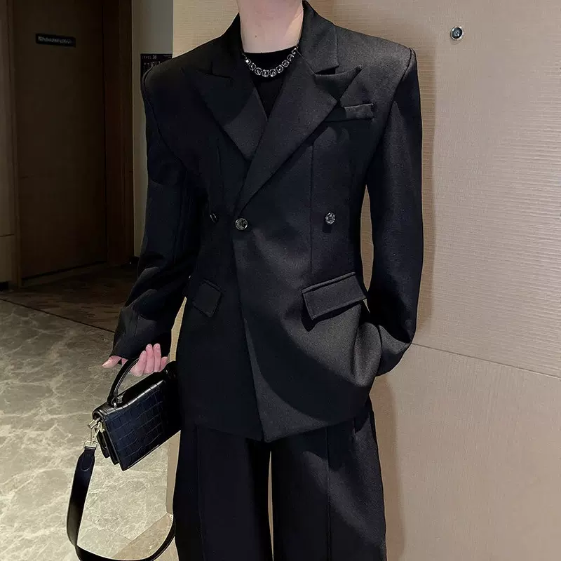 高级感法式收腰立体廓形黑色垫肩西装外套男秋季时尚潮流休闲西服