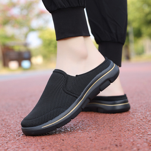 2024 Spring and Autumn Cross-border Soft Sole Mesh Breathable Thick Sole One-Piece Couple's Casual Comfort Sports Half Slippers for Women