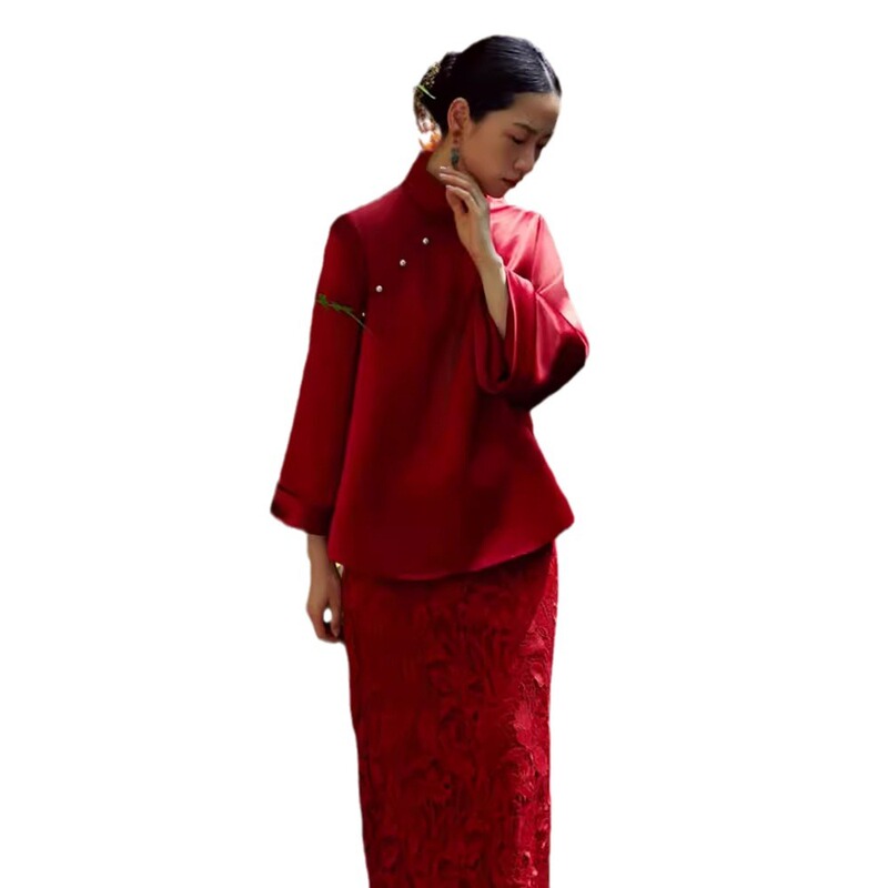 新中国式チャイナドレス敬酒服2024新型レトロ国風結婚ドレス婚約ワンピース長袖春秋|undefined