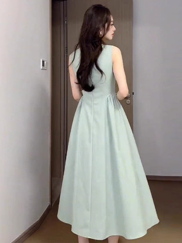 French-style gentle temperament pink sleeveless backless dress, beautiful, unique, high-end, waist-cinching A-line long dress for summer